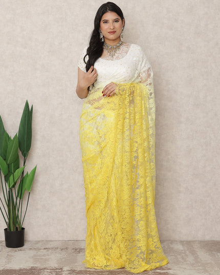 ساري فرنسي فاخر من الدانتيل الشانتيلي، من العاجي إلى الأصفر الفاتح، بطول 5.5 متر، وعرض 110 سم، صنع في فرنسا - D24423