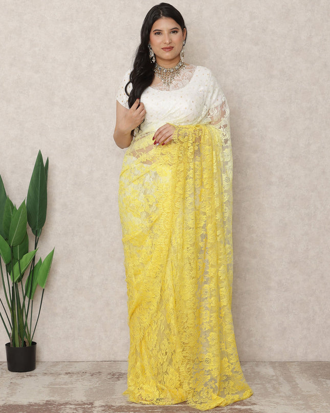 ساري فرنسي فاخر من الدانتيل الشانتيلي، من العاجي إلى الأصفر الفاتح، بطول 5.5 متر، وعرض 110 سم، صنع في فرنسا - D24423