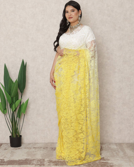 ساري فرنسي فاخر من الدانتيل الشانتيلي، من العاجي إلى الأصفر الفاتح، بطول 5.5 متر، وعرض 110 سم، صنع في فرنسا - D24423