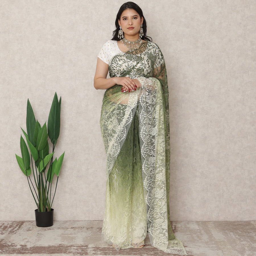 ساري فرنسي فاخر من الدانتيل الشانتيلي، من لون أخضر فستقي فاتح إلى زيتوني غامق، بطول 5.5 متر وعرض 110 سم، صنع في فرنسا - D24421