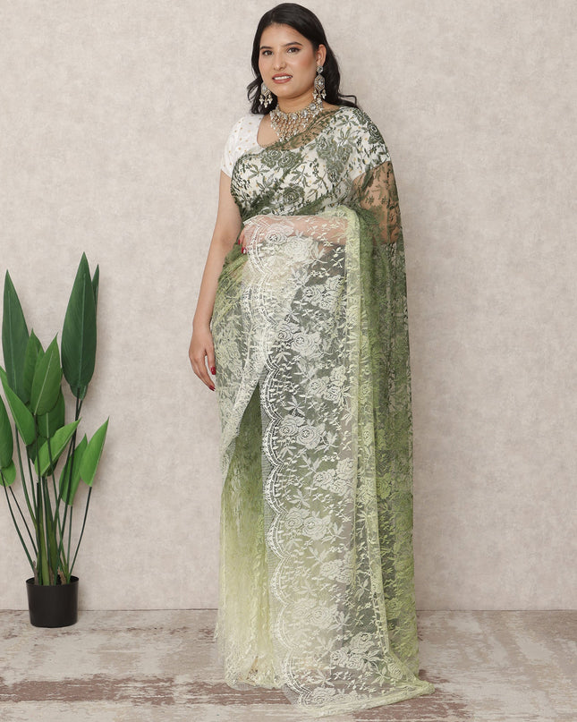 ساري فرنسي فاخر من الدانتيل الشانتيلي، من لون أخضر فستقي فاتح إلى زيتوني غامق، بطول 5.5 متر وعرض 110 سم، صنع في فرنسا - D24421