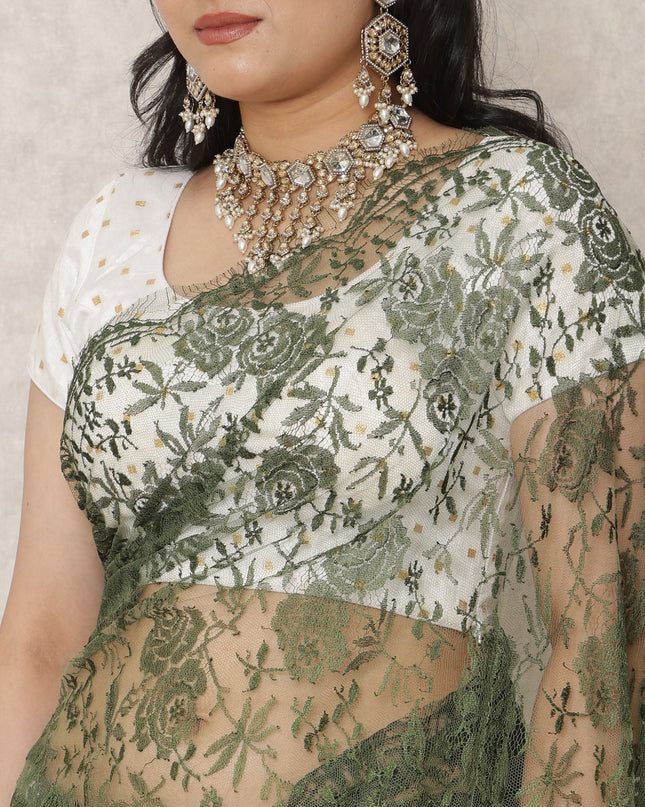 ساري فرنسي فاخر من الدانتيل الشانتيلي، من لون أخضر فستقي فاتح إلى زيتوني غامق، بطول 5.5 متر وعرض 110 سم، صنع في فرنسا - D24421