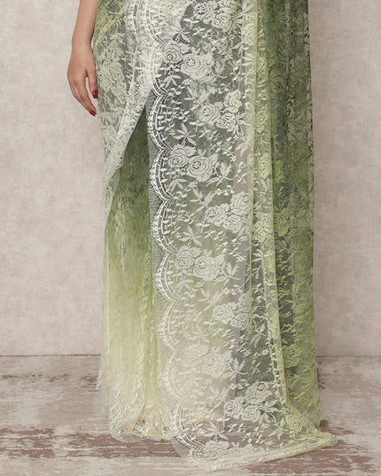 ساري فرنسي فاخر من الدانتيل الشانتيلي، من لون أخضر فستقي فاتح إلى زيتوني غامق، بطول 5.5 متر وعرض 110 سم، صنع في فرنسا - D24421