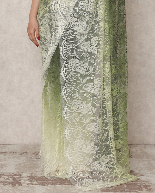 ساري فرنسي فاخر من الدانتيل الشانتيلي، من لون أخضر فستقي فاتح إلى زيتوني غامق، بطول 5.5 متر وعرض 110 سم، صنع في فرنسا - D24421