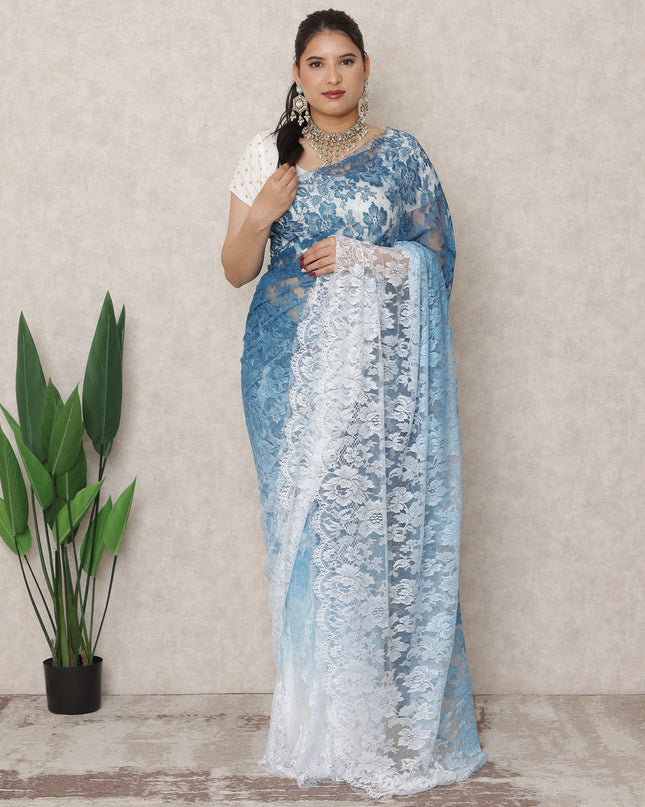 White to Denim Blue Ombre Premium French Chantilly Lace Saree, 5.5 Mtrs Length, 110 Cms Width, Made in France-D24428 - Regal Fabrics