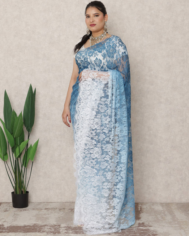 White to Denim Blue Ombre Premium French Chantilly Lace Saree, 5.5 Mtrs Length, 110 Cms Width, Made in France-D24428 - Regal Fabrics