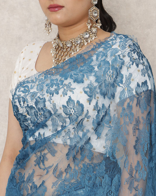 White to Denim Blue Ombre Premium French Chantilly Lace Saree, 5.5 Mtrs Length, 110 Cms Width, Made in France-D24428 - Regal Fabrics