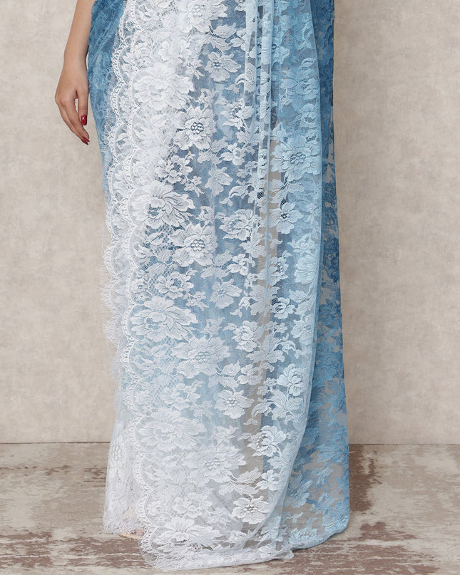 White to Denim Blue Ombre Premium French Chantilly Lace Saree, 5.5 Mtrs Length, 110 Cms Width, Made in France-D24428 - Regal Fabrics
