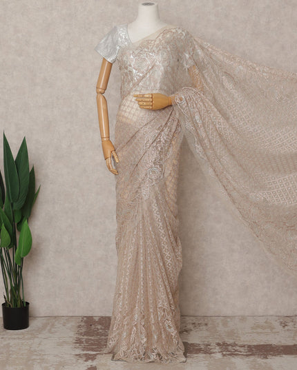 Light Peach Premium French Metallic Chantilly Lace Saree, 5.5 Mtrs with 110 Cms Width, Imported from France-D25412