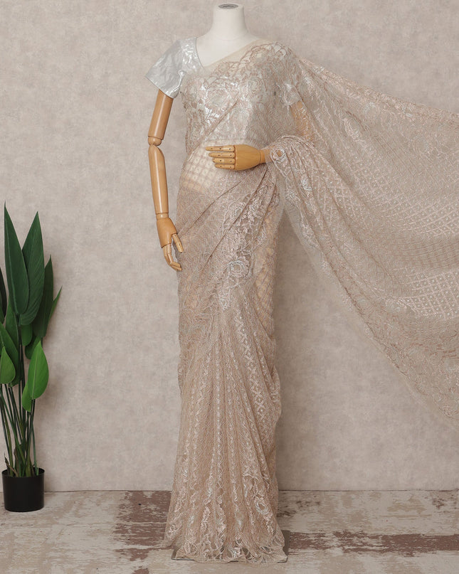 Light Peach Premium French Metallic Chantilly Lace Saree, 5.5 Mtrs with 110 Cms Width, Imported from France-D25412