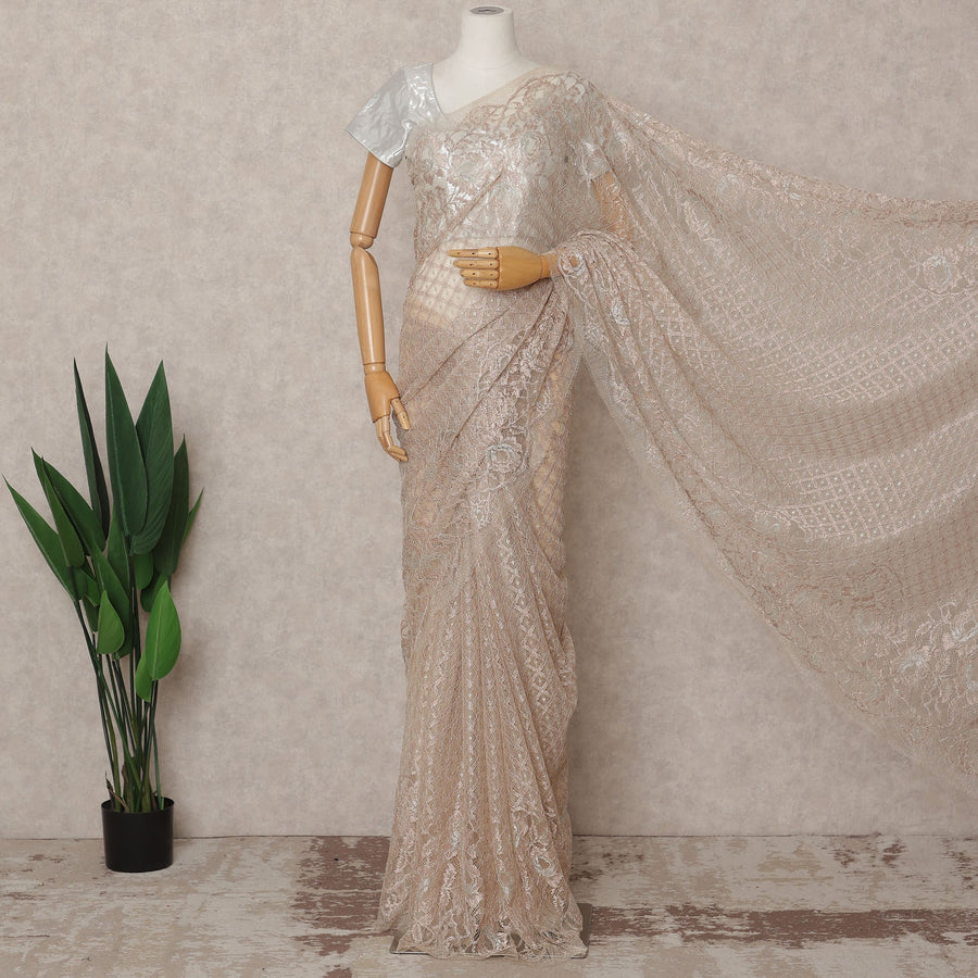 Light Peach Premium French Metallic Chantilly Lace Saree, 5.5 Mtrs with 110 Cms Width, Imported from France-D25412