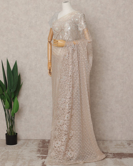 Light Peach Premium French Metallic Chantilly Lace Saree, 5.5 Mtrs with 110 Cms Width, Imported from France-D25412