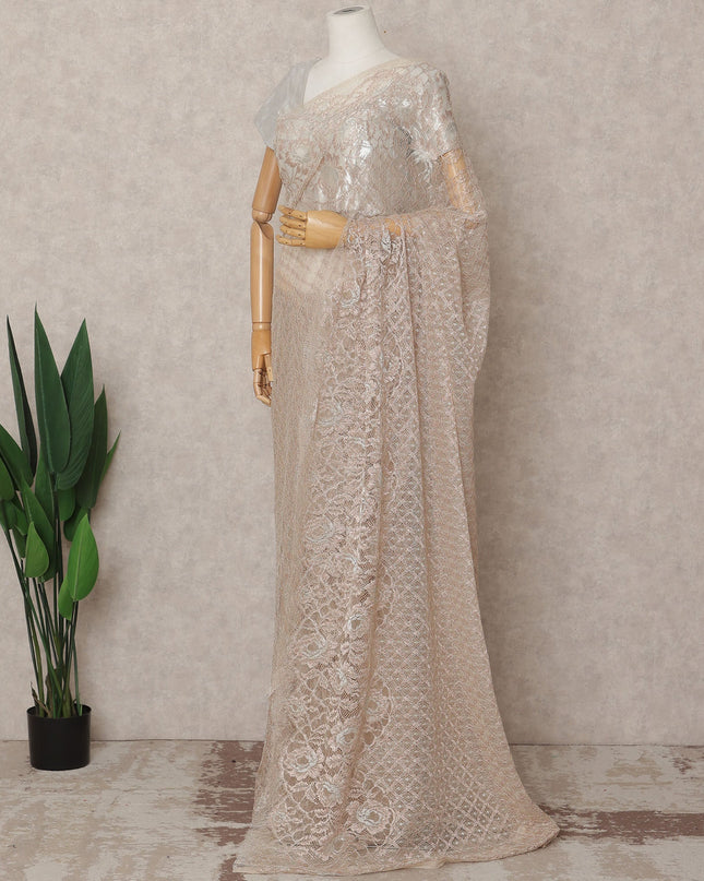 Light Peach Premium French Metallic Chantilly Lace Saree, 5.5 Mtrs with 110 Cms Width, Imported from France-D25412
