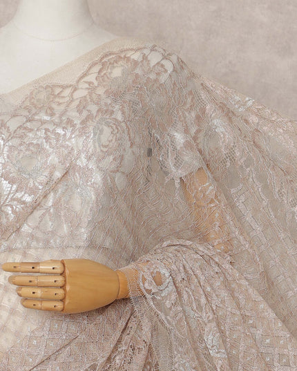 Light Peach Premium French Metallic Chantilly Lace Saree, 5.5 Mtrs with 110 Cms Width, Imported from France-D25412