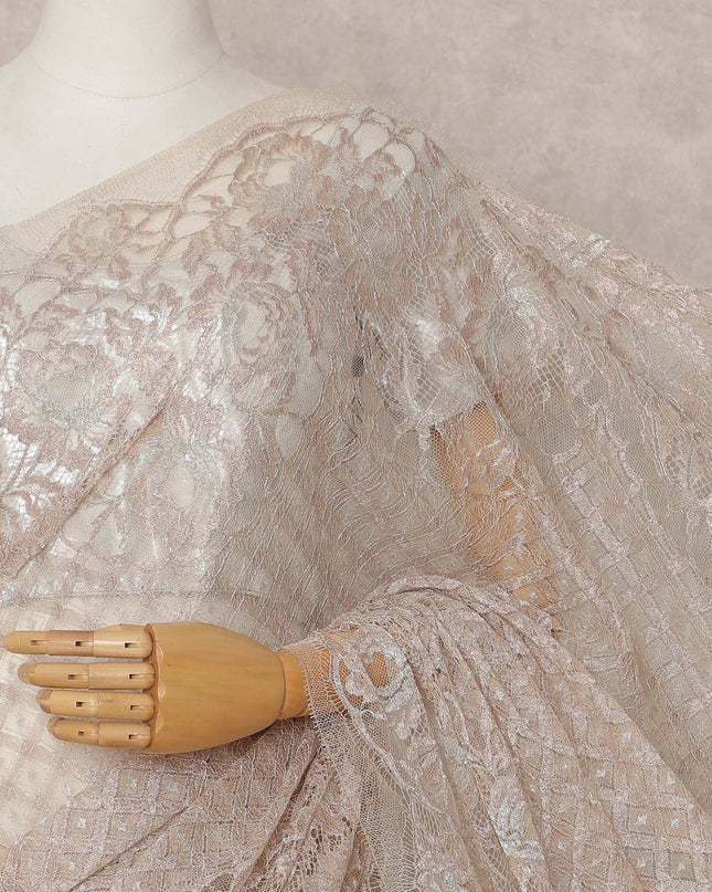 Light Peach Premium French Metallic Chantilly Lace Saree, 5.5 Mtrs with 110 Cms Width, Imported from France-D25412