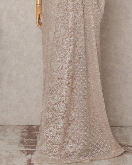 Light Peach Premium French Metallic Chantilly Lace Saree, 5.5 Mtrs with 110 Cms Width, Imported from France-D25412