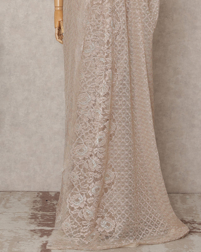 Light Peach Premium French Metallic Chantilly Lace Saree, 5.5 Mtrs with 110 Cms Width, Imported from France-D25412