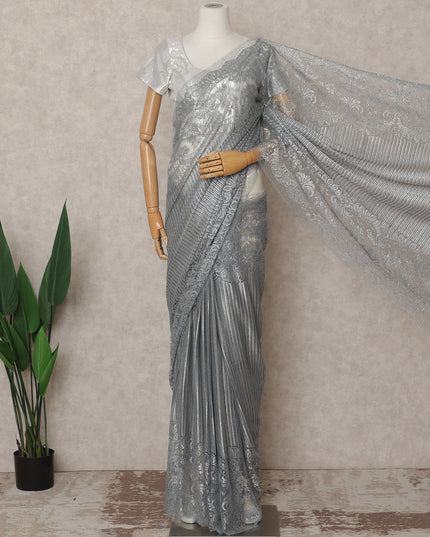 ساري فرنسي فاخر من الدانتيل المعدني الفضي الرمادي، بطول 5.5 متر وعرض 110 سم، مستورد من فرنسا - D25415