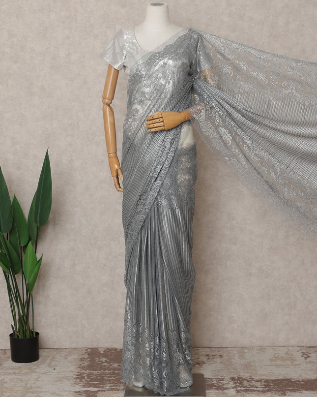 Silver Grey Premium French Metallic Chantilly Lace Saree, 5.5 Mtrs with 110 Cms Width, Imported from France-D25415