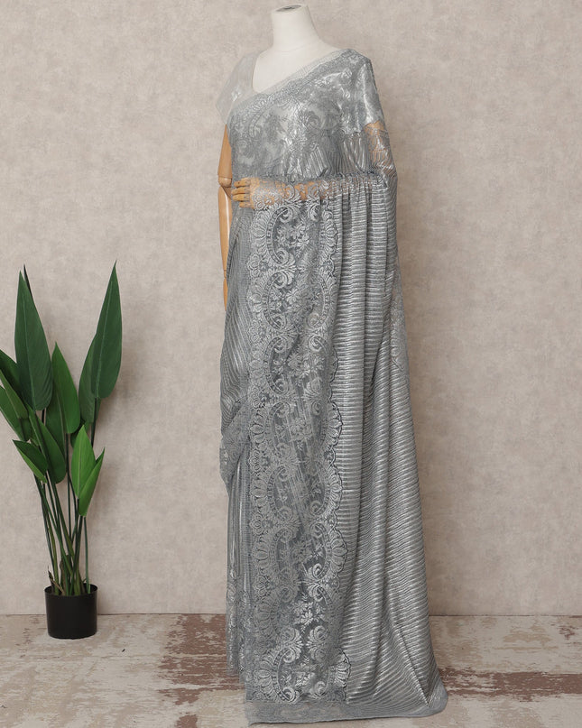 Silver Grey Premium French Metallic Chantilly Lace Saree, 5.5 Mtrs with 110 Cms Width, Imported from France-D25415