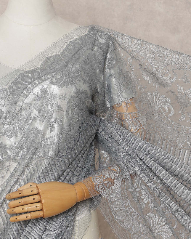 Silver Grey Premium French Metallic Chantilly Lace Saree, 5.5 Mtrs with 110 Cms Width, Imported from France-D25415