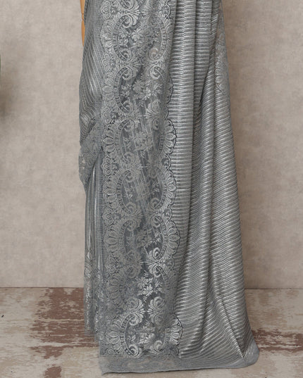 ساري فرنسي فاخر من الدانتيل المعدني الفضي الرمادي، بطول 5.5 متر وعرض 110 سم، مستورد من فرنسا - D25415