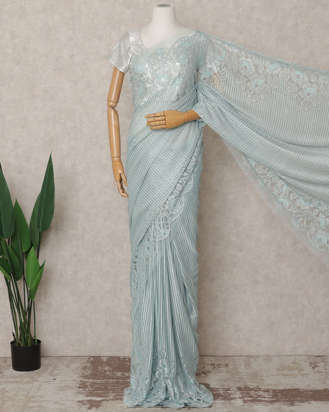 Sky Blue Premium French Metallic Chantilly Lace Saree, 5.5 Mtrs with 110 Cms Width, Imported from France-D25418