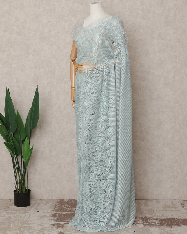 Sky Blue Premium French Metallic Chantilly Lace Saree, 5.5 Mtrs with 110 Cms Width, Imported from France-D25418