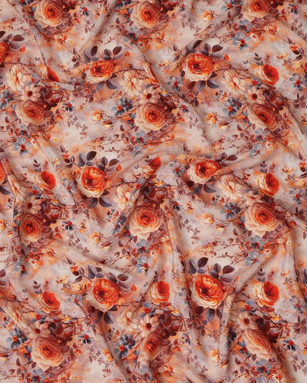Pink Floral Pure Silk Crepe Fabric 110cm - 1086637