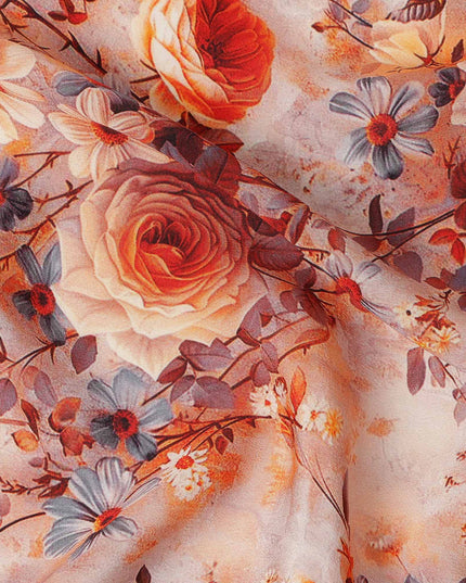 Pink Floral Pure Silk Crepe Fabric 110cm - 1086637
