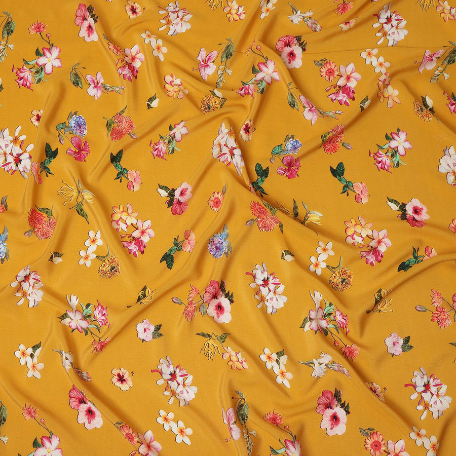 Yellow Floral Pure Silk Crepe Fabric 110cm - 1086668
