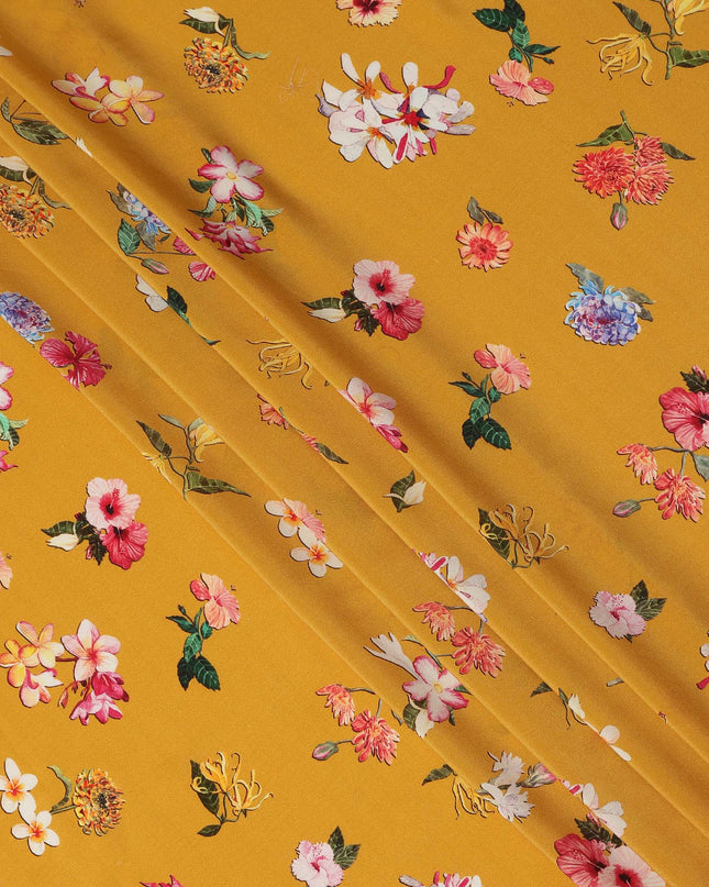 Yellow Floral Pure Silk Crepe Fabric 110cm - 1086668