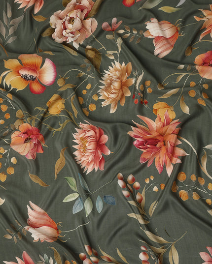Green Floral Pure Silk Crepe Fabric 110cm - 1086712