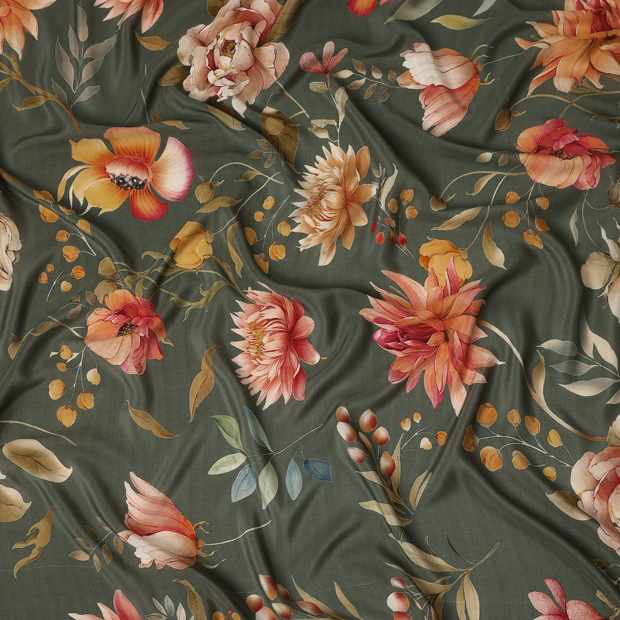 Green Floral Pure Silk Crepe Fabric 110cm - 1086712