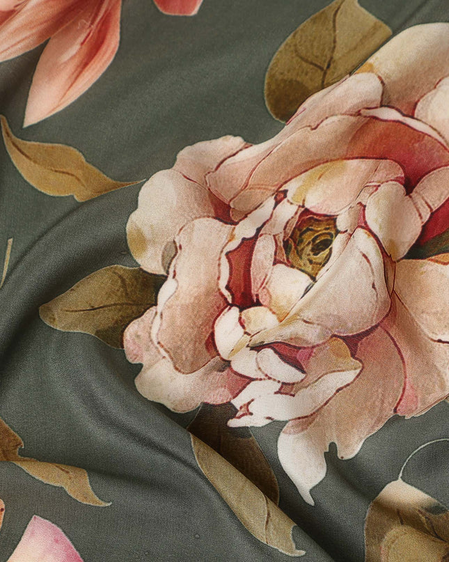 Green Floral Pure Silk Crepe Fabric 110cm - 1086712