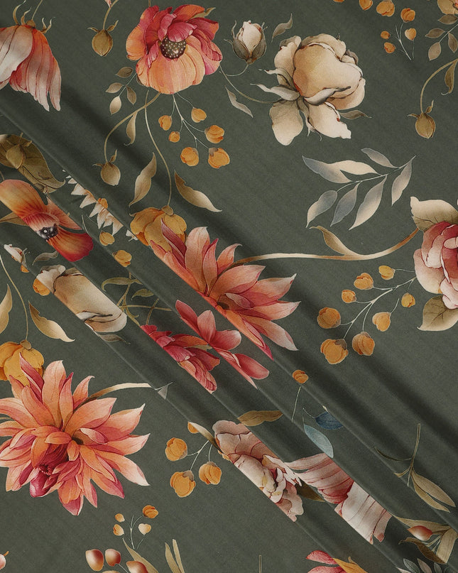 Green Floral Pure Silk Crepe Fabric 110cm - 1086712