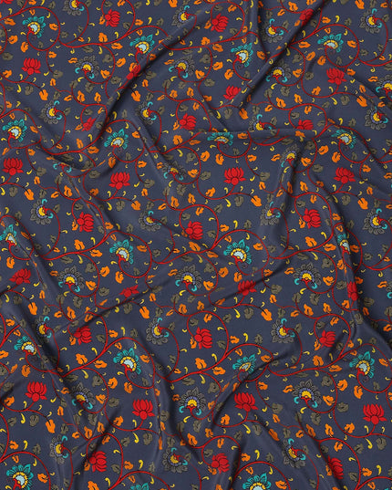 Navy Blue Multicolor Lotus Floral Printed Premium Pure Silk Crepe Fabric with Traditional Design, 110 cms Width, Made in India-D26334