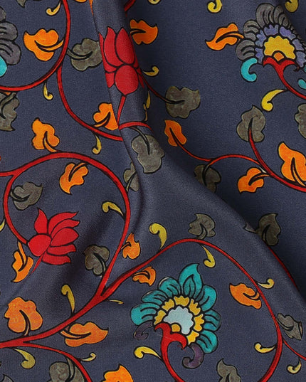 Navy Blue Multicolor Lotus Floral Printed Premium Pure Silk Crepe Fabric with Traditional Design, 110 cms Width, Made in India-D26334