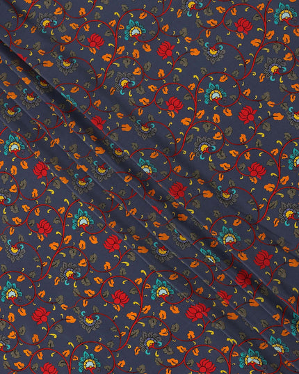 Navy Blue Multicolor Lotus Floral Printed Premium Pure Silk Crepe Fabric with Traditional Design, 110 cms Width, Made in India-D26334