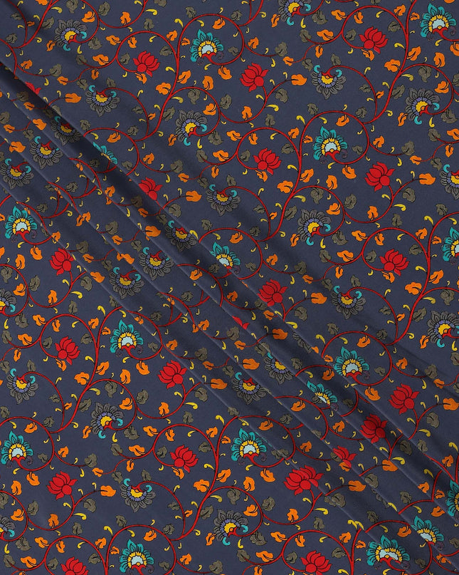 Navy Blue Multicolor Lotus Floral Printed Premium Pure Silk Crepe Fabric with Traditional Design, 110 cms Width, Made in India-D26334