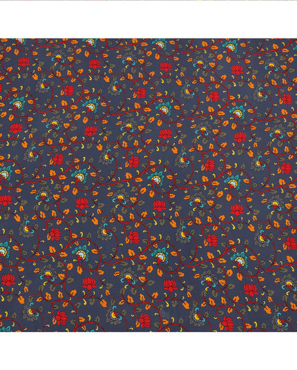 Navy Blue Multicolor Lotus Floral Printed Premium Pure Silk Crepe Fabric with Traditional Design, 110 cms Width, Made in India-D26334
