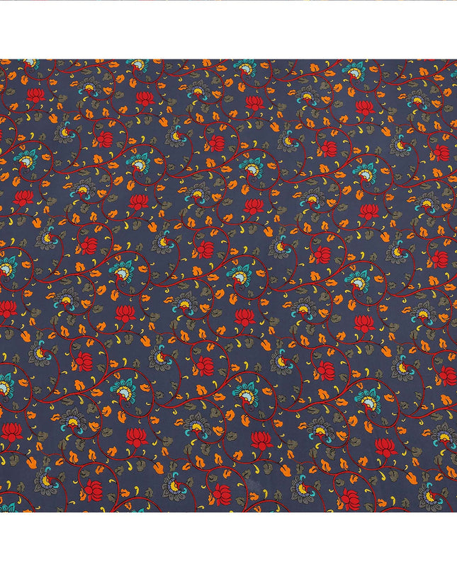 Navy Blue Multicolor Lotus Floral Printed Premium Pure Silk Crepe Fabric with Traditional Design, 110 cms Width, Made in India-D26334