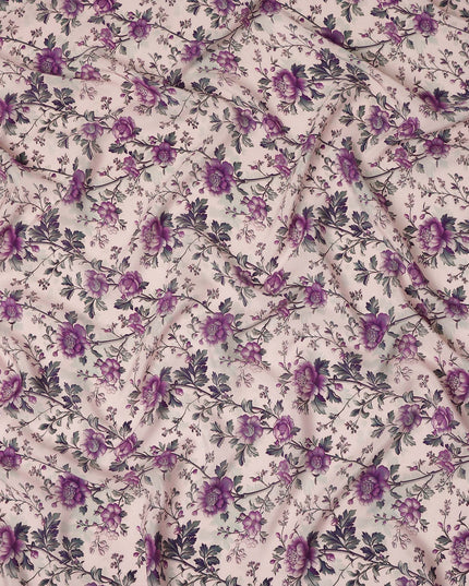 Purple Floral Pure Silk Crepe Fabric 110cm - 1086880