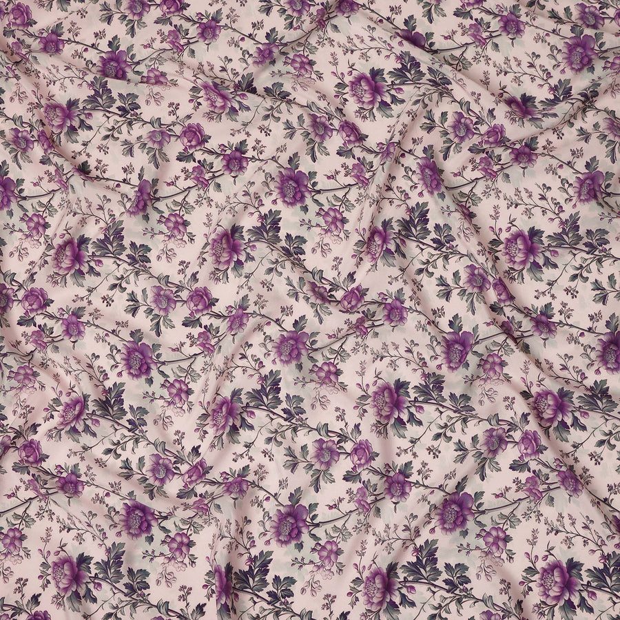 Purple Floral Pure Silk Crepe Fabric 110cm - 1086880