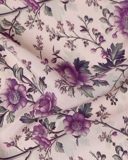 Purple Floral Pure Silk Crepe Fabric 110cm - 1086880