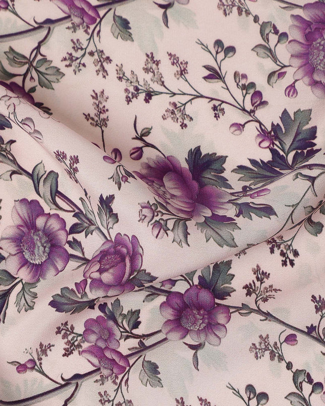 Purple Floral Pure Silk Crepe Fabric 110cm - 1086880