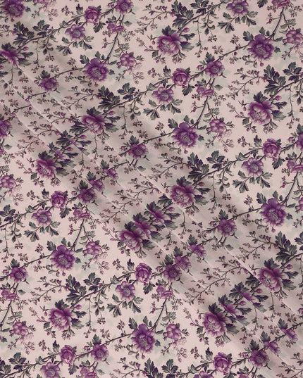 Purple Floral Pure Silk Crepe Fabric 110cm - 1086880