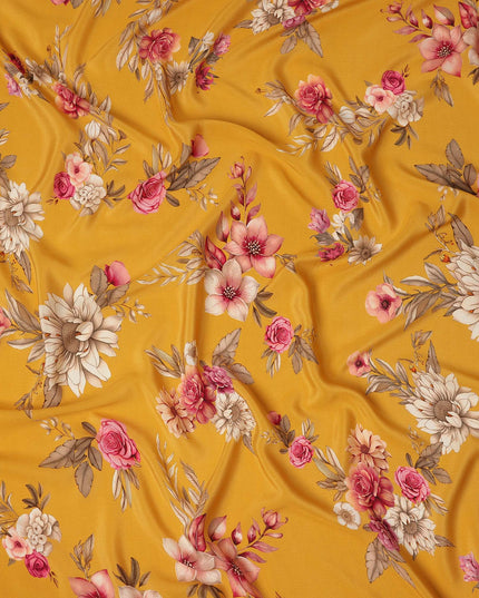 Yellow Floral Pure Silk Crepe Fabric 110cm - 1086927
