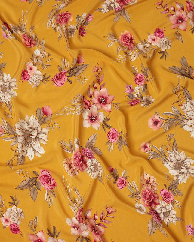 Yellow Floral Pure Silk Crepe Fabric 110cm - 1086927