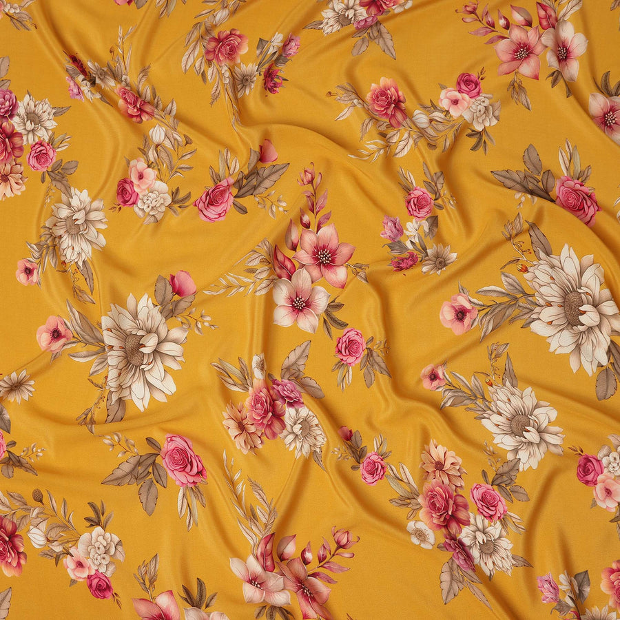 Yellow Floral Pure Silk Crepe Fabric 110cm - 1086927